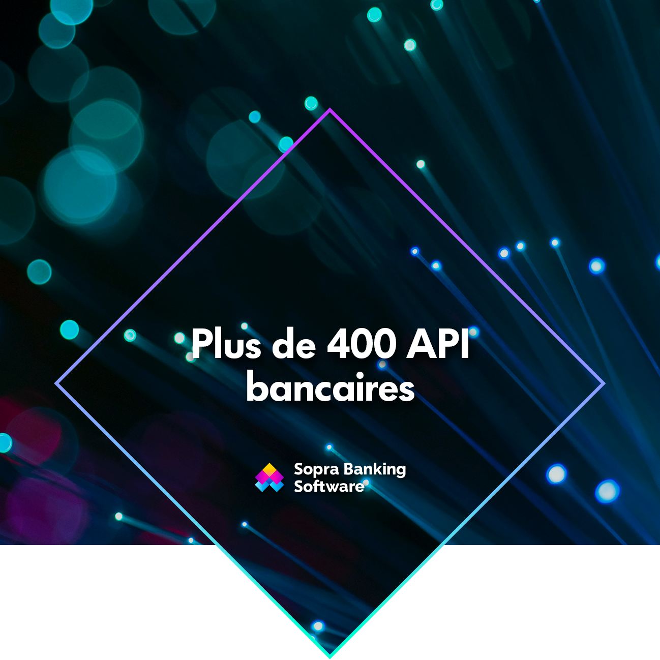 Fond sombre avec des faisceaux lumineux et un losange dans lequel est écrit