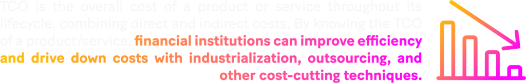 Image: TCO is the overall cost of a product or service throughout its lifecycle, combining direct and indirect costs. By knowing the TCO of a product or service, financial institutions can improve efficiency and drive down costs with industrialization, outsourcing, and other cost-cutting techniques.